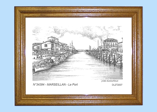 Cadre bois teint impression Noir sur la ville de MARSEILLAN Titre : le port