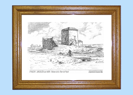 Cadre bois teint impression Noir sur la ville de ARGELES SUR MER Titre : ruines de la tour de pujol