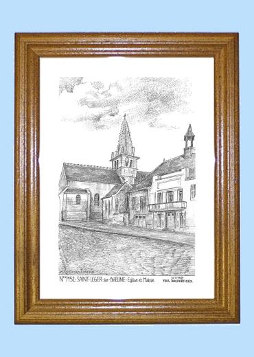 Cadre bois teint impression Noir sur la ville de ST LEGER SUR DHEUNE Titre : eglise et mairie