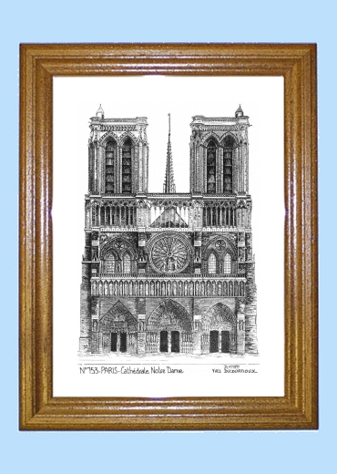 Cadre bois teint impression Noir sur la ville de PARIS Titre : cathedrale notre dame