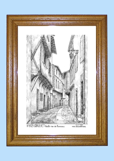 Cadre bois teint impression Noir sur la ville de GRAULHET Titre : vieille rue de panessac
