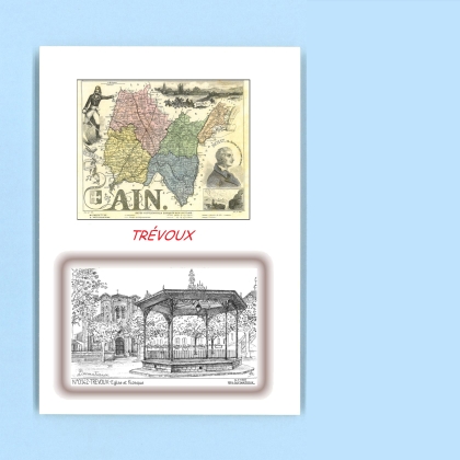 Cartes Postales impression Noir avec dpartement sur la ville de TREVOUX Titre : eglise et kiosque