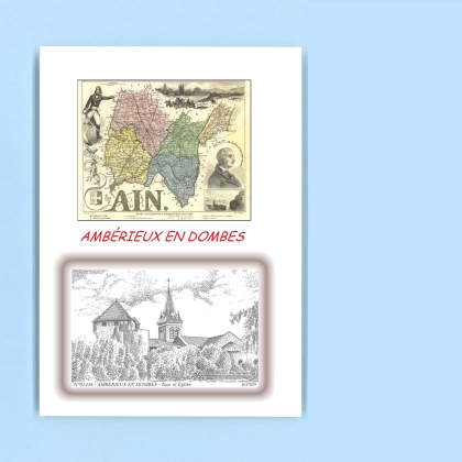 Cartes Postales impression Noir avec dpartement sur la ville de AMBERIEUX EN DOMBES Titre : tour et eglise