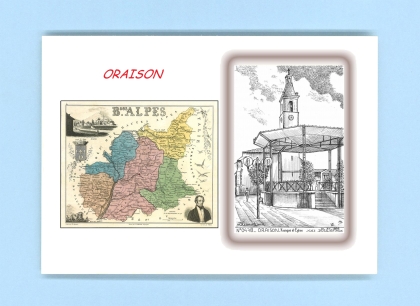 Cartes Postales impression Noir avec dpartement sur la ville de ORAISON Titre : kiosque et eglise