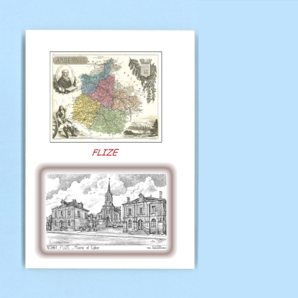 Cartes Postales impression Noir avec dpartement sur la ville de FLIZE Titre : mairie et eglise