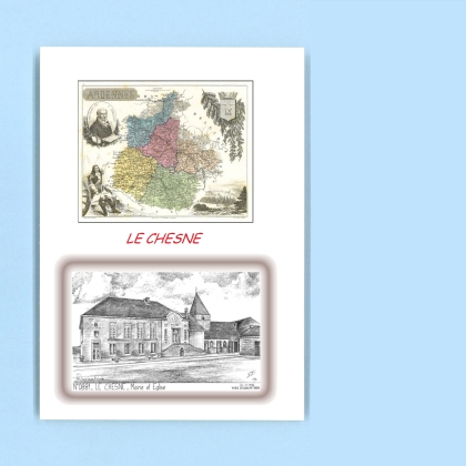 Cartes Postales impression Noir avec dpartement sur la ville de LE CHESNE Titre : mairie et eglise
