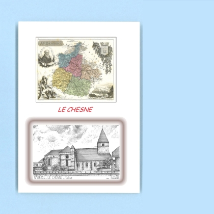 Cartes Postales impression Noir avec dpartement sur la ville de LE CHESNE Titre : eglise