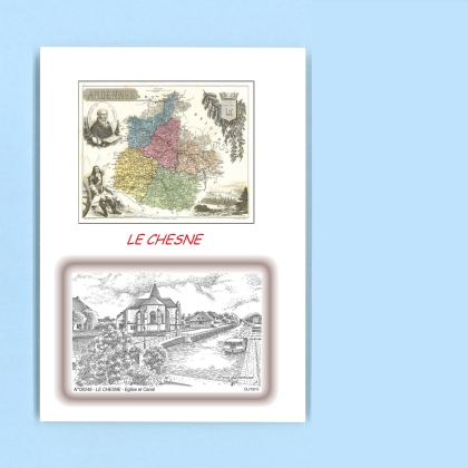 Cartes Postales impression Noir avec dpartement sur la ville de LE CHESNE Titre : eglise et canal