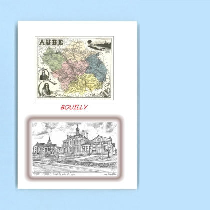 Cartes Postales impression Noir avec dpartement sur la ville de BOUILLY Titre : hotel de ville et eglise