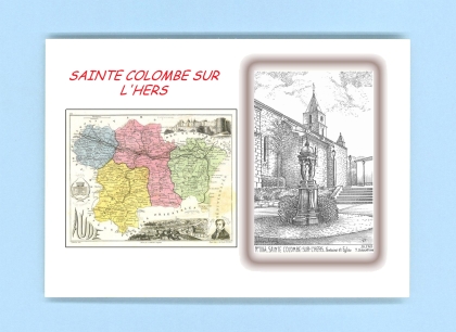 Cartes Postales impression Noir avec dpartement sur la ville de STE COLOMBE SUR L HERS Titre : fontaine et eglise