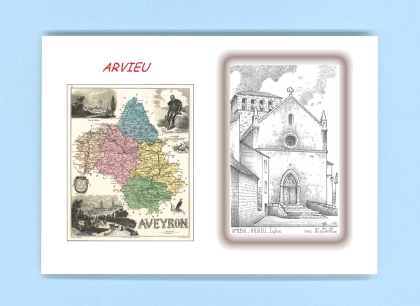Cartes Postales impression Noir avec dpartement sur la ville de ARVIEU Titre : eglise