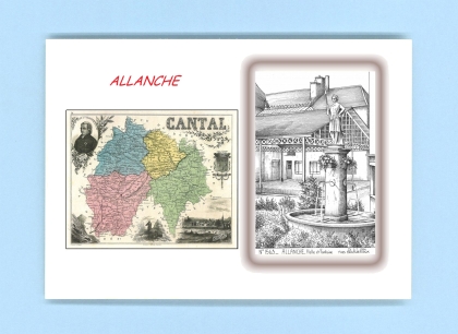 Cartes Postales impression Noir avec dpartement sur la ville de ALLANCHE Titre : halle et fontaine