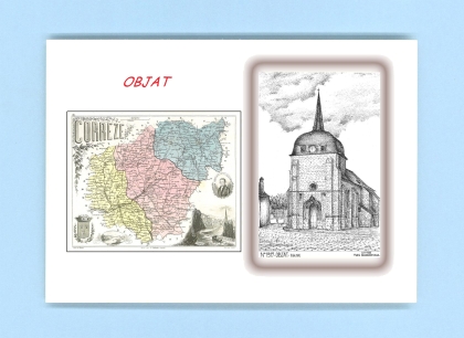 Cartes Postales impression Noir avec dpartement sur la ville de OBJAT Titre : eglise