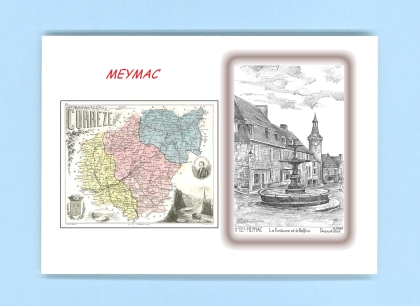Cartes Postales impression Noir avec dpartement sur la ville de MEYMAC Titre : fontaine et beffroi