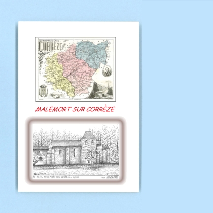 Cartes Postales impression Noir avec dpartement sur la ville de MALEMORT SUR CORREZE Titre : eglise