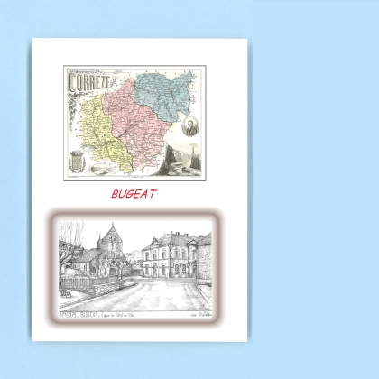Cartes Postales impression Noir avec dpartement sur la ville de BUGEAT Titre : eglise et hotel de ville
