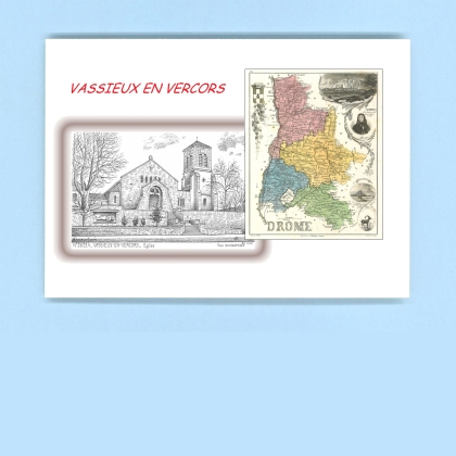 Cartes Postales impression Noir avec dpartement sur la ville de VASSIEUX EN VERCORS Titre : eglise