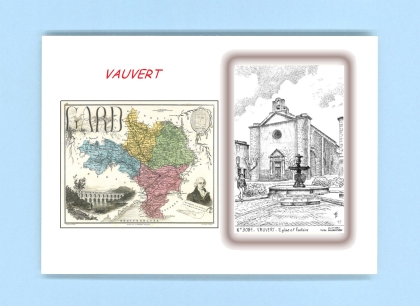 Cartes Postales impression Noir avec dpartement sur la ville de VAUVERT Titre : eglise et fontaine