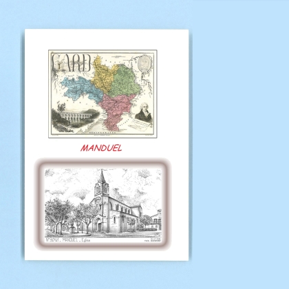 Cartes Postales impression Noir avec dpartement sur la ville de MANDUEL Titre : eglise