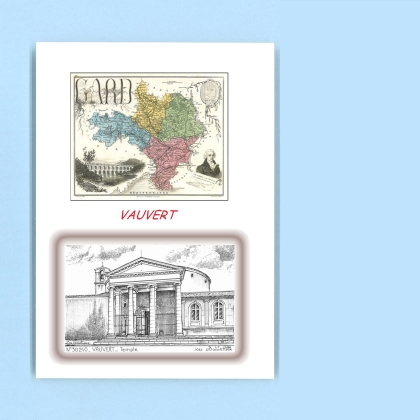 Cartes Postales impression Noir avec dpartement sur la ville de VAUVERT Titre : temple
