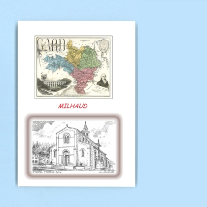 Cartes Postales impression Noir avec dpartement sur la ville de MILHAUD Titre : eglise