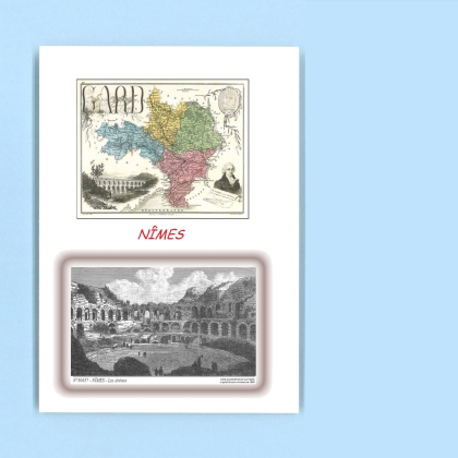 Cartes Postales impression Noir avec dpartement sur la ville de NIMES Titre : les arenes