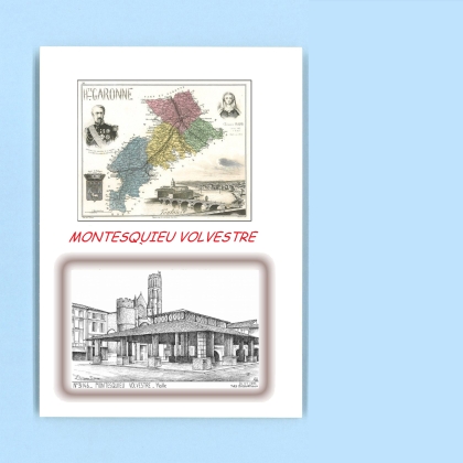 Cartes Postales impression Noir avec dpartement sur la ville de MONTESQUIEU VOLVESTRE Titre : halle