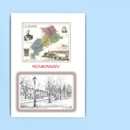 Cartes Postales impression Noir avec dpartement sur la ville de PECHBONNIEU Titre : place de la fontaine
