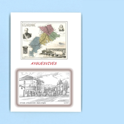 Cartes Postales impression Noir avec dpartement sur la ville de AYGUESVIVES Titre : mairie et eglise