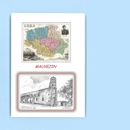 Cartes Postales impression Noir avec dpartement sur la ville de MAUVEZIN Titre : eglise