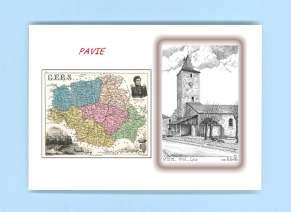 Cartes Postales impression Noir avec dpartement sur la ville de PAVIE Titre : eglise