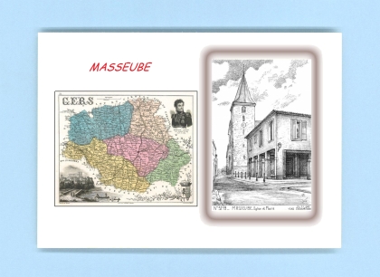 Cartes Postales impression Noir avec dpartement sur la ville de MASSEUBE Titre : eglise et mairie