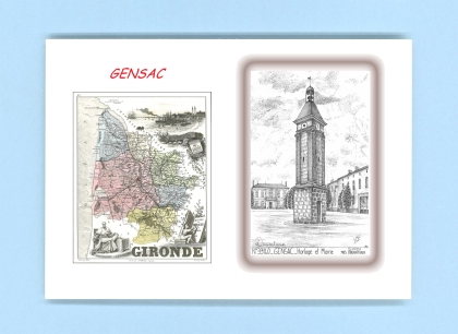 Cartes Postales impression Noir avec dpartement sur la ville de GENSAC Titre : horloge et mairie