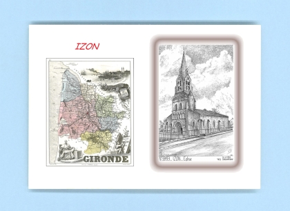 Cartes Postales impression Noir avec dpartement sur la ville de IZON Titre : eglise