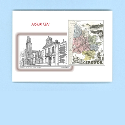 Cartes Postales impression Noir avec dpartement sur la ville de HOURTIN Titre : mairie et eglise