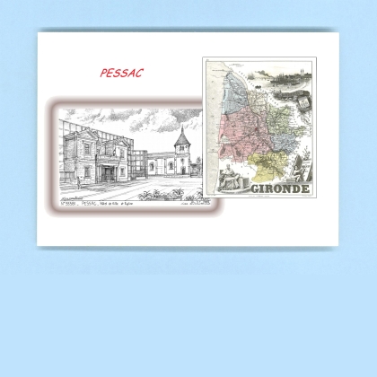 Cartes Postales impression Noir avec dpartement sur la ville de PESSAC Titre : hotel de ville et eglise