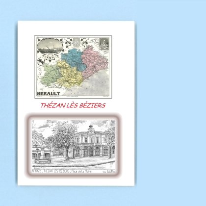 Cartes Postales impression Noir avec dpartement sur la ville de THEZAN LES BEZIERS Titre : place de la mairie