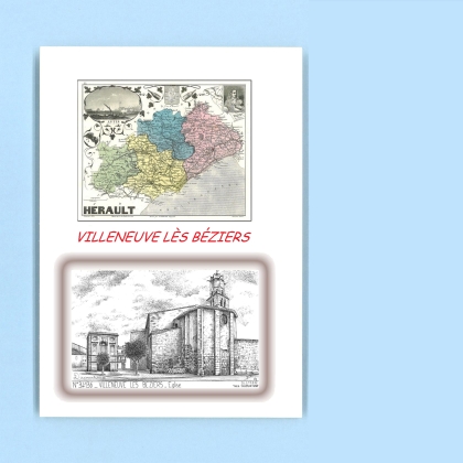 Cartes Postales impression Noir avec dpartement sur la ville de VILLENEUVE LES BEZIERS Titre : eglise