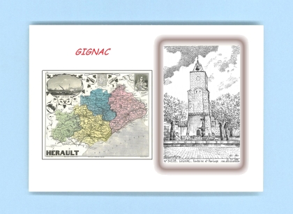 Cartes Postales impression Noir avec dpartement sur la ville de GIGNAC Titre : fontaine et horloge