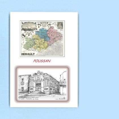Cartes Postales impression Noir avec dpartement sur la ville de POUSSAN Titre : les halles