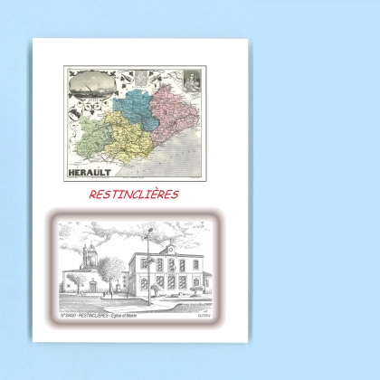 Cartes Postales impression Noir avec dpartement sur la ville de RESTINCLIERES Titre : eglise et mairie
