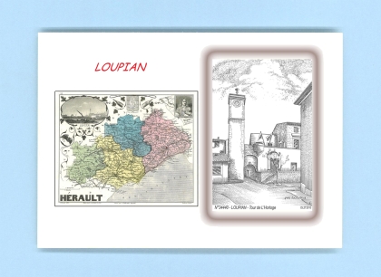 Cartes Postales impression Noir avec dpartement sur la ville de LOUPIAN Titre : tour de l horloge