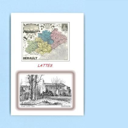 Cartes Postales impression Noir avec dpartement sur la ville de LATTES Titre : l eglise