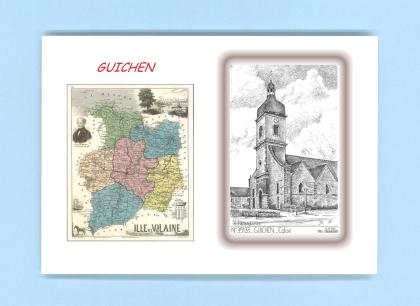 Cartes Postales impression Noir avec dpartement sur la ville de GUICHEN Titre : eglise