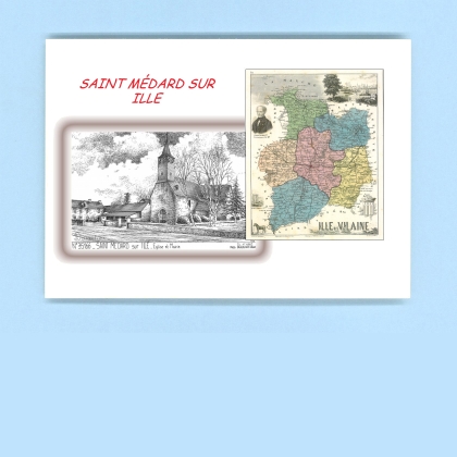 Cartes Postales impression Noir avec dpartement sur la ville de ST MEDARD SUR ILLE Titre : eglise et mairie