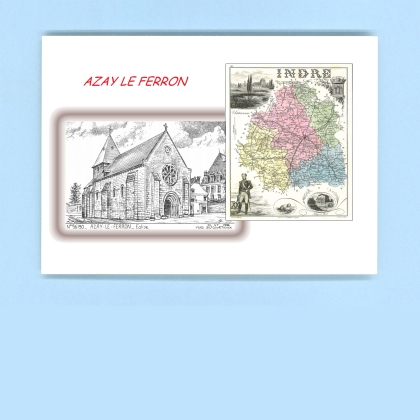 Cartes Postales impression Noir avec dpartement sur la ville de AZAY LE FERRON Titre : eglise