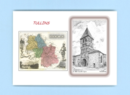 Cartes Postales impression Noir avec dpartement sur la ville de TULLINS Titre : eglise
