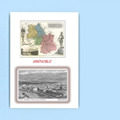 Cartes Postales impression Noir avec dpartement sur la ville de GRENOBLE Titre : ville et alpes de belledonne