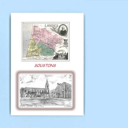 Cartes Postales impression Noir avec dpartement sur la ville de SOUSTONS Titre : eglise et mairie