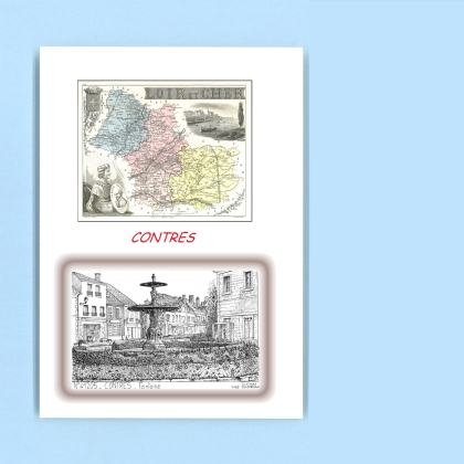 Cartes Postales impression Noir avec dpartement sur la ville de CONTRES Titre : fontaine